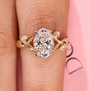 Anillo de Diamante de Corte Ovalado Inspirado en la Naturaleza con Piedra Lateral Marquise, Anillo de Diamante Cultivado en Laboratorio de 2.10 ct, Joyería, Anillo de Oro de 14k - Product Image 4