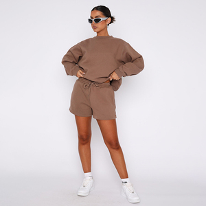 Ensemble sweat-shirt à col ras du cou pour femmes, couleur unie, avec short à cordon de serrage, manches longues, coupe ample, Style décontracté, vêtements d'été - Product Image 1