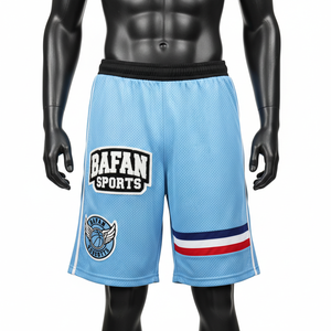 Shorts deportivos de malla transpirable de poliéster premium para hombre, color azul claro, con panel de rayas y logotipo bordado personalizado. Shorts de malla para hombre. - Product Image 1