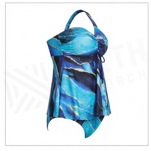 Traje de baño de dos piezas de talla grande con un solo hombro, diseño asimétrico fruncido, falda con estampado degradado azul, control de abdomen y efecto moldeador - Product Image 4