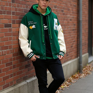 <b>Men</b> Green Hooded <b>Varsity</b> <b>Jacket</b> Letter Patch Streetwear Style Regular Fit Polyester Cotton Material wool leather chenille custom - Product Image 6