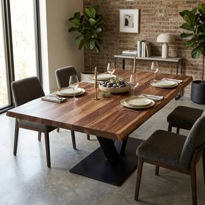 Modern Industrial <b>Foldable</b> Live Edge Wood Dining <b>Table</b> Rectangle Black Metal V-<b>Legs</b> 6 Seater Stable Design Home Furniture - Product Image 1