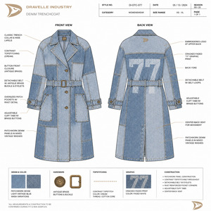 Manteau trench en jean patchwork rétro unisexe bleu vintage léger long style grunge streetwear - Product Image 6