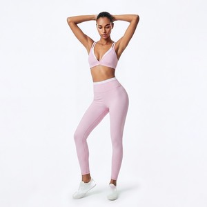 Pink Halter Neck Quarter-zip Print Sleeveless <b>Crop</b> <b>Top</b> High Waist Full-Length Leggings 2-Piece Yoga Set Seamless Breathable - Product Image 1