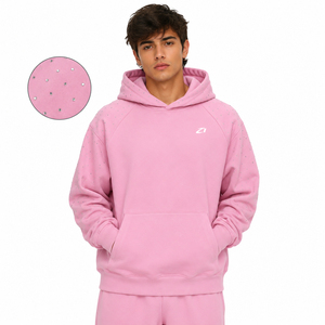 Sudaderas de Lujo con Pedrería para Hombre, Color Rosa, Felpa de Algodón, Manga Raglán, Bolsillo Canguro Extra Grande, Otoño Invierno, Proveedor de Logotipos Personalizados - Product Image 1