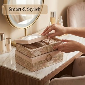 Luxury Beige Woven Glass Storage Box Set with Gold Floral Handle | Premium Decorative Jewelry Vanity Organizer for Home Decor - Product Image 5