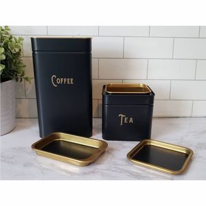 Ensemble de boîtes à thé et à café en métal noir mat de luxe, hermétiques, avec couvercle doré, pour le rangement des aliments, boîte de rangement pour la cuisine - Product Image 1