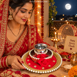 Juego de Thali para Karwa Chauth, 3 Piezas, Thali Decorativo para Pooja con Borde de Perlas, Detalles Dorados y Diseño Festivo - Product Image 5