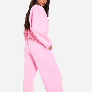 Women's <b>Pink</b> Two-Piece <b>Tracksuit</b> <b>Set</b> Crop Top With Zipper Full Sleeve Knitted Polyester Regular Fit Solid Color Casual Wear - Product Image 2