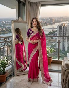 Sari de satén de diseño Fandy con hermoso borde bordado con lentejuelas y Butti en toda la prenda, con blusa completamente cosida. - Product Image 4
