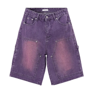 Shorts de Mezclilla Cargo de Cintura Alta para Hombre, Desgastados, Lavados, en Morado y Negro, Estilo Casual Holgado, Shorts de Jean para Verano - Product Image 4