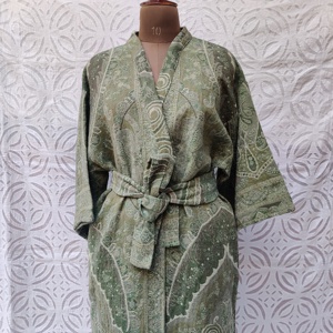 Western Style Handwoven Paisley Design Woolen Fabric Kimono With Belt <b>Tie</b> Waist Dressing Gown, Relax Sleepwear Women Kimono - Product Image 4