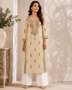 Beige Embroidered Straight Elegant Sand Beige Embroidered <b>Kurta</b> Set Buy Direct From Supplier - Product Image 1