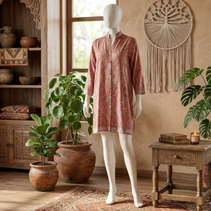 Mini-robe rose à imprimé cachemire pour femme avec col mandarin et manches trois quarts |   Robe en mousseline de soie ample et décontractée pour les vacances - Product Image 1