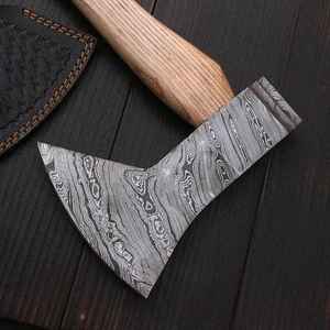 ขวานไวกิ้งเหล็กดามัสกัสคุณภาพสูง ผลิตด้วยมือ ขายตรงจากโรงงาน สำหรับการตั้งแคมป์กลางแจ้งและการเอาชีวิตรอด พร้อมปลอกหนัง - Product Image 5