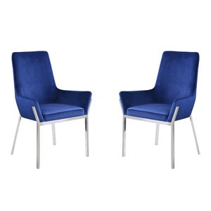 Ensemble de 2 chaises de salle à manger latérales rembourrées en velours bleu avec finition argentée miroir - Product Image 1