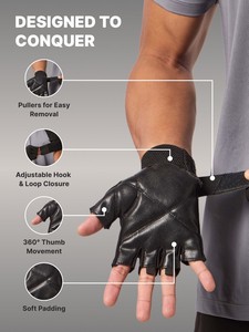 Half <b>Finger</b> Fitness Gloves Black PU Leather Adjustable Wrist <b>Strap</b> for Weight Lifting Gym Unisex - Product Image 3