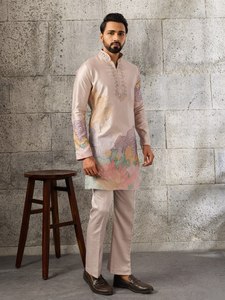 Best Quality <b>Men</b> Ethnic Jacquard Weave <b>Kurta</b> Pajama Set Party Wear Comfortable and Stylish Art Silk Outfit Available For Sale - Product Image 1