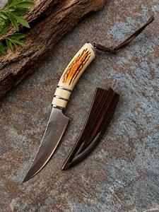 Cuchillo de caza de hoja fija de acero de Damasco con punta de clip y filo biselado, mango de cuerno de ciervo, funda de madera personalizada OEM/ODM DIY - Product Image 1