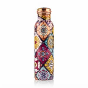 Botella de Agua de Cobre Hecha a Mano con Diseño de Mandala Colorido, Tapa de Rosca, Botella Ayurvédica Reutilizable para Viajes - Product Image 1