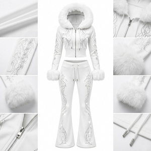Custom Logo Rhinestone Fur Hooded Crop Jacket Bootcut Sweatpants Set <b>Ladies</b> Fleece Sweatsuit Sparkle Diamante <b>Outfit</b> Autumn - Product Image 6