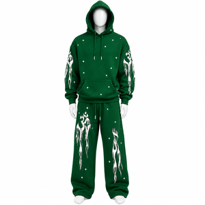 Ensemble survêtement unisexe streetwear en coton 100% avec broderie logo personnalisée, sweat à capuche oversize délavé à l'acide et pantalon de survêtement à manches longues - Product Image 1