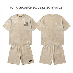 เสื้อยืดแขนสั้นพร้อมกางเกงขาสั้นผู้ชาย รุ่นพรีเมียม ZAINI 280 GSM ผ้าโพลีเอสเตอร์ 100% แบบเฟรนช์เทอร์รี่ สีเบจ ปักโลโก้ด้านหน้า สไตล์สตรีทแวร์ ระบายอากาศได้ดี - Product Image 1