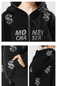 Sudadera con capucha y cremallera frontal para mujer, negra con estampado de purpurina y bloques de color, de ajuste regular, informal, de punto, de manga larga, para invierno. - Product Image 6