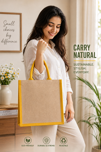 Sac de courses en jute AMANI avec poignée longue, bordure jaune, option logo personnalisé, taille moyenne, pour les courses et les cadeaux - Product Image 4