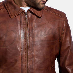 Veste en cuir marron cognac pour homme, en véritable peau de mouton, style col chemise vintage, coupe ajustée, automne-hiver, veste moto décontractée - Product Image 4