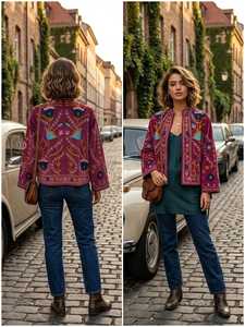 Veste en velours brodée Suzani pour femme, faite à la main, motif floral, manteau court, doublure en coton, style bohème, pour l'automne/hiver/printemps - Product Image 4