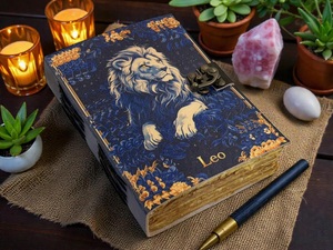 Carnet artisanal en cuir de buffle, motif arbre de vie, signe du zodiaque Lion, astrologie, multicolore, livre de sorts vierge, ombres, vintage, par Herb Heritage - Product Image 3