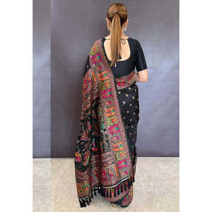 Sari de Seda Cachemir Negra Jade de Elite Weaves, Tejido con Hilo Zari, Diseño Gehani, Ropa India y Pakistaní, 700g - Product Image 4