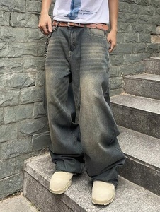 Vaqueros de mezclilla para hombre, lavados a la piedra, de pierna ancha, corte holgado, talla grande, cintura media, estilo casual urbano, 100% algodón, con bolsillo de parche - Product Image 2