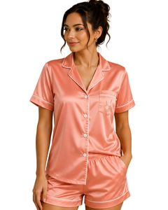 Conjunto de pijama de satén rosa melocotón personalizado por el fabricante para mujer, ropa de dormir de seda de lujo con bolsillo bordado, conjunto de descanso de manga corta suave. - Product Image 1