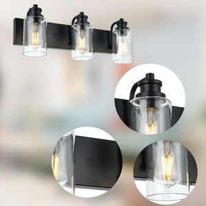 3-Licht Zwart Industrieel Muurbevestigingslamp Helder Glas Kap Ijdelheid Verlichtingsarmaturen Voor Badkamer Boven Spiegelverlichting - Product Image 6