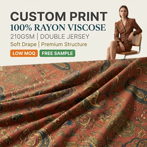 <span class=keywords><strong>Tissu</strong></span> tricoté à la machine en <span class=keywords><strong>jersey</strong></span> double 100% rayonne <span class=keywords><strong>viscose</strong></span> 210GSM avec impression numérique personnalisée pour robe femme - Product Image 1