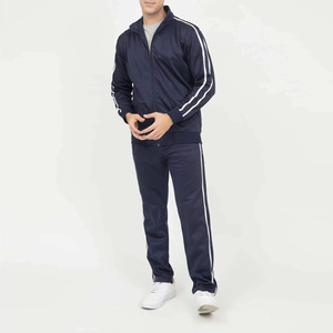 Men's Navy Blue <b>Tracksuit</b> Full Zip Sweatshirt and Pants Set with White Side Stripes Breathable <b>Polyester</b> Sporty Style - Product Image 5