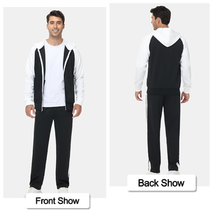 Ensemble de survêtement à capuche noir et blanc avec blocs de couleur, manches longues, fermeture éclair, poches latérales, style sportif décontracté, collection automne - Product Image 4
