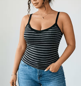 Women's Striped Knitted Tank Top Scoop Neck Casual Spandex Cotton Blend Breathable Regular Length Top - Product Image 1