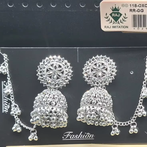 Indian <b>Silver</b> Plated Round Floral Stud Jhumka ashion <b>Earrings</b> Ghungroo Bell Kaan <b>Chain</b> Wholesale Set - Product Image 1