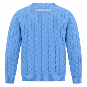 Southern University <b>Cable</b> <b>Knit</b> <b>Sweater</b> Custom HBCU Columbia Blue Embroidered SU Crewneck Pullover Wholesale - Product Image 2