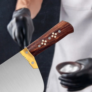 Cuchillo de carnicero profesional PK-BB de alta resistencia, hoja de acero al carbono plateada, mango de madera marrón, empuñadura dorada. - Product Image 2