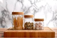 Glazen voorraadpotten met houten deksels, cilindervormig, luchtdicht, voor het bewaren van voedsel, voor gebruik in de keuken, kruidenopbergset