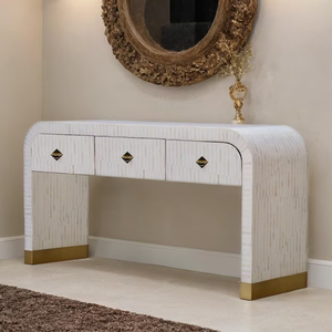 Table console en os incrusté fait main – Table d'entrée à 3 tiroirs avec incrustation blanche – Table moderne - Product Image 3