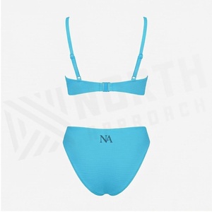 North Approach Women's <b>Blue</b> Ribbed <b>Bikini</b> <b>Set</b> Deep V Neck Triangle Top Hipster Bottoms Solid Color Stretch Swimwear - Product Image 2