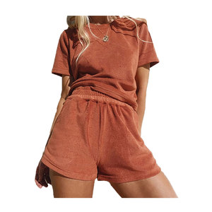 Women 2 Piece Terry Cotton Lounge <b>Set</b> Solid Color Short Sleeve Tee and Shorts Casual Summer Outfit Round Neck Elastic Waist - Product Image 6