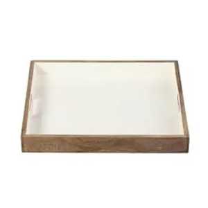 Plateau de service rectangulaire en bois artisanal avec incrustation motif feuille botanique et poignées découpées, idéal pour table basse - Product Image 3