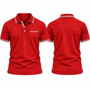 เสื้อโปโลผู้ชายปักลายแบบกำหนดเองสีแดง เสื้อโปโลแขนสั้นสำหรับเล่นกอล์ฟ เสื้อกอล์ฟระบายอากาศได้ดี คอเสื้อและปลายแขนเสื้อลายทาง - Product Image 1