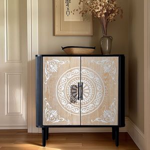 FCH Carved Pattern MDF Sideboard High Feet Oval Tabletop Curved Side Frame Door Panel Spray Painted Cabinet Body Melamine Board - Product Image 3